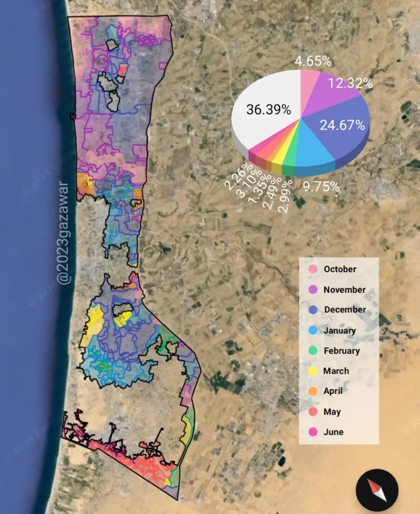 From @2023gazawar on Twitter/X, IDF areas of operation in Gaza, mapped out by month. The white area was either not entered, or only entered for brief pinpoint operations.